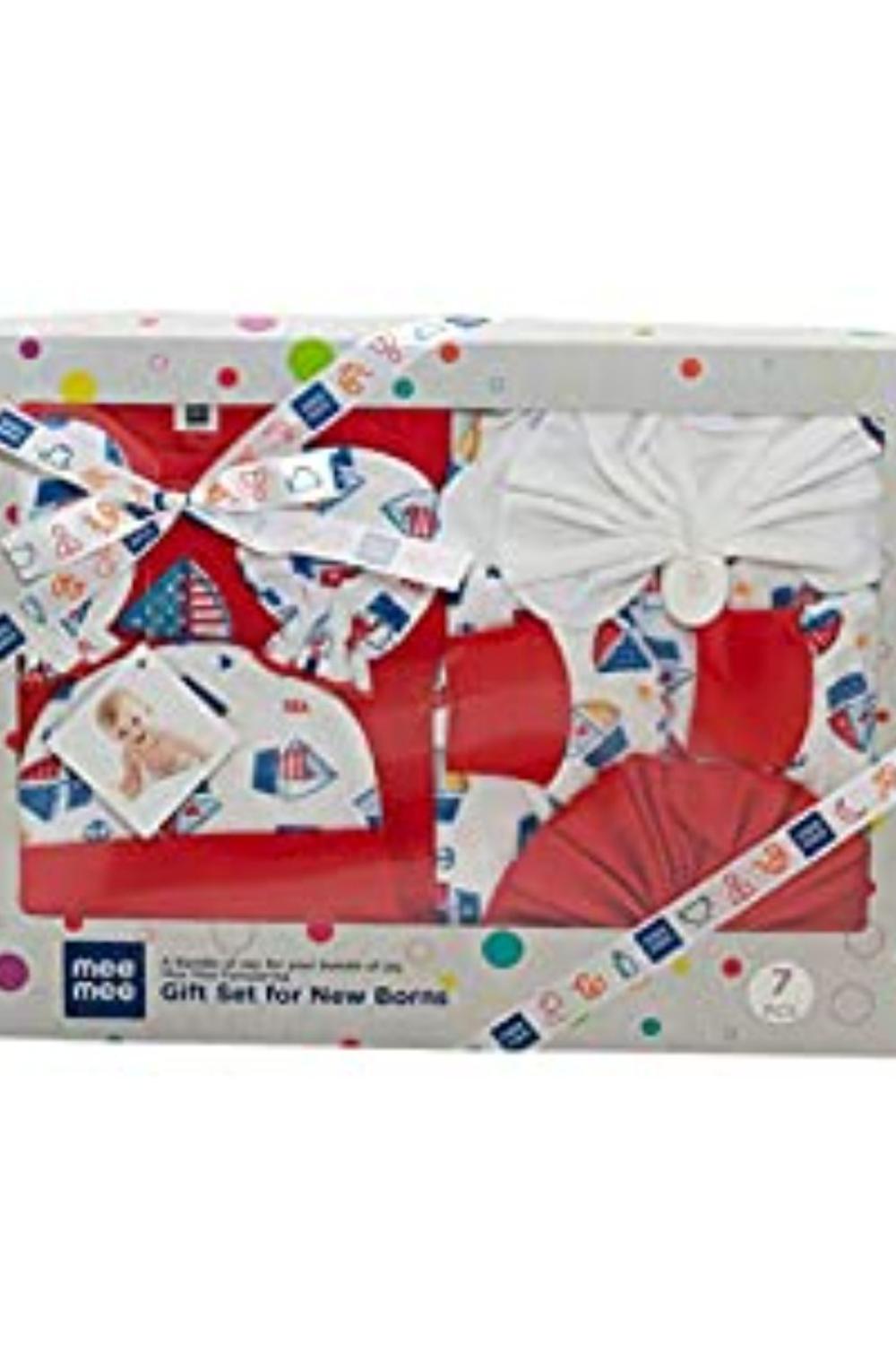 Mee Mee Soft Cotton New Born Baby Gift Set for Baby Boys, Baby Girls (7 Pieces, Red)